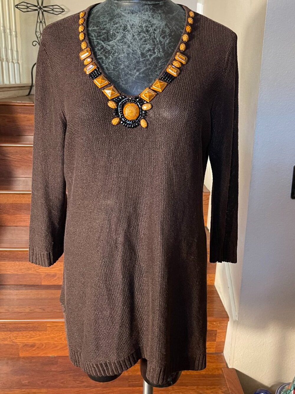 Chico's Linen Blend Beaded Embellished V-neck Brown Cardigan 1/Med Lightweight